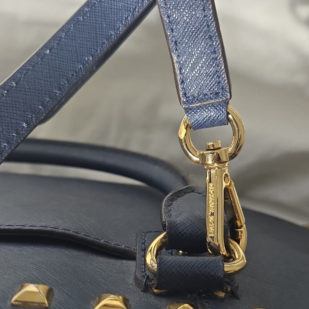 Michael Kors Navy Saffiano Leather Studded Satchel Bag Top Zip Large - Picture 8 of 14